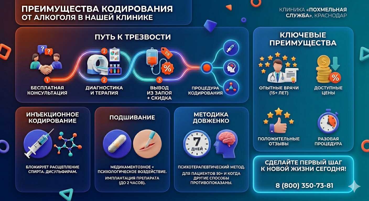 Инфографика о методах кодирования от алкоголя в Большеустьикинском: инъекции, подшивание, метод Довженко. Преимущества клиники и этапы лечения.